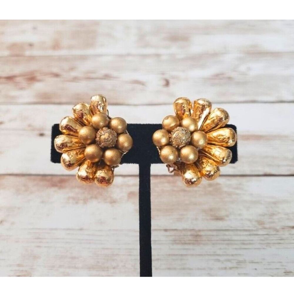 Vintage Clip On Earrings Bronzey Gold Tone Fancy Statement